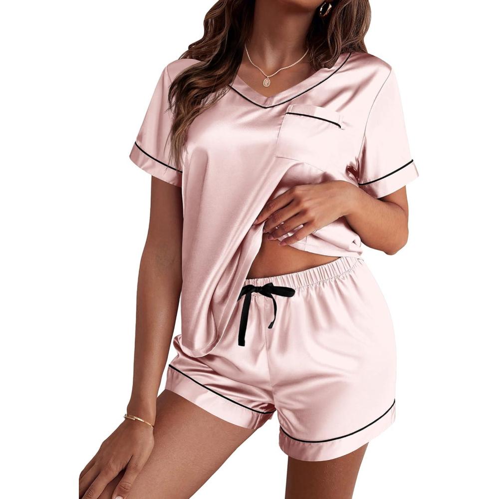 imageEkouaer Silk Pajama for Women Short Sleeve Satin Pj Set Two Piece Soft Sleepwear Loungewear SXXLLight Pink