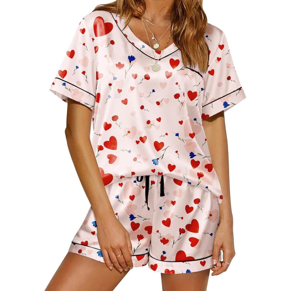 imageEkouaer Silk Pajama for Women Short Sleeve Satin Pj Set Two Piece Soft Sleepwear Loungewear SXXLLove Rose