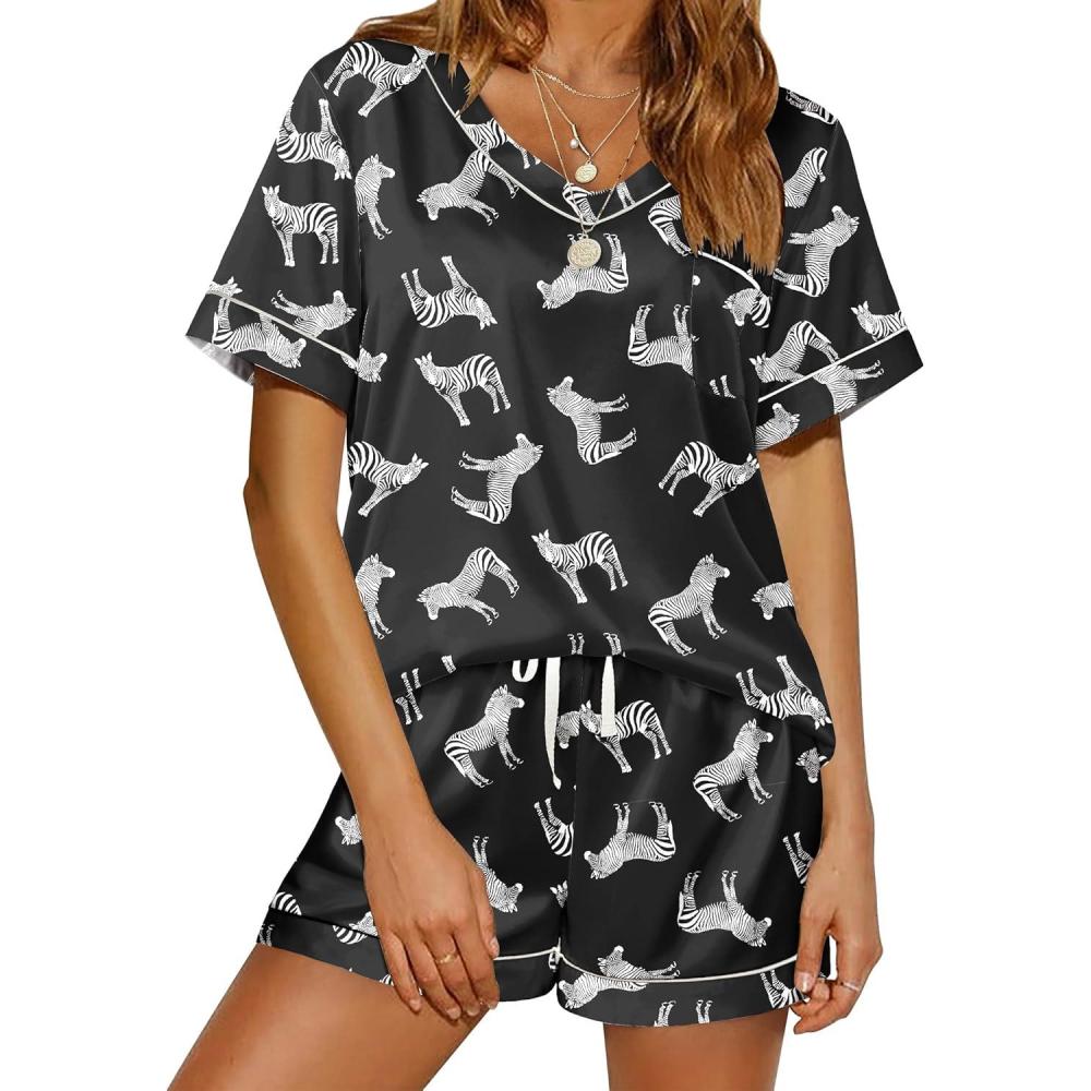 imageEkouaer Silk Pajama for Women Short Sleeve Satin Pj Set Two Piece Soft Sleepwear Loungewear SXXLZebra