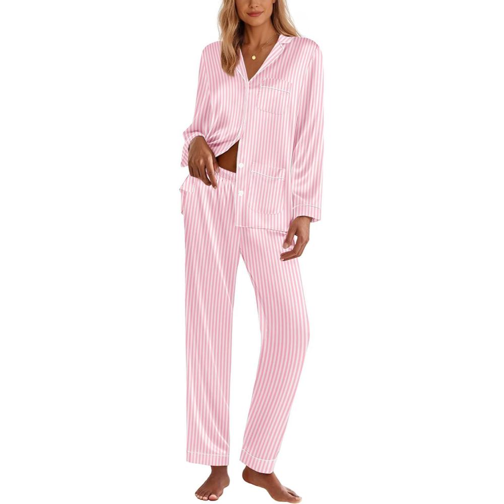 imageEkouaer Silk Pajamas for Women Classic Button Down Satin Pajama Sets Long Sleeve Lounge Set01 Pink Striped