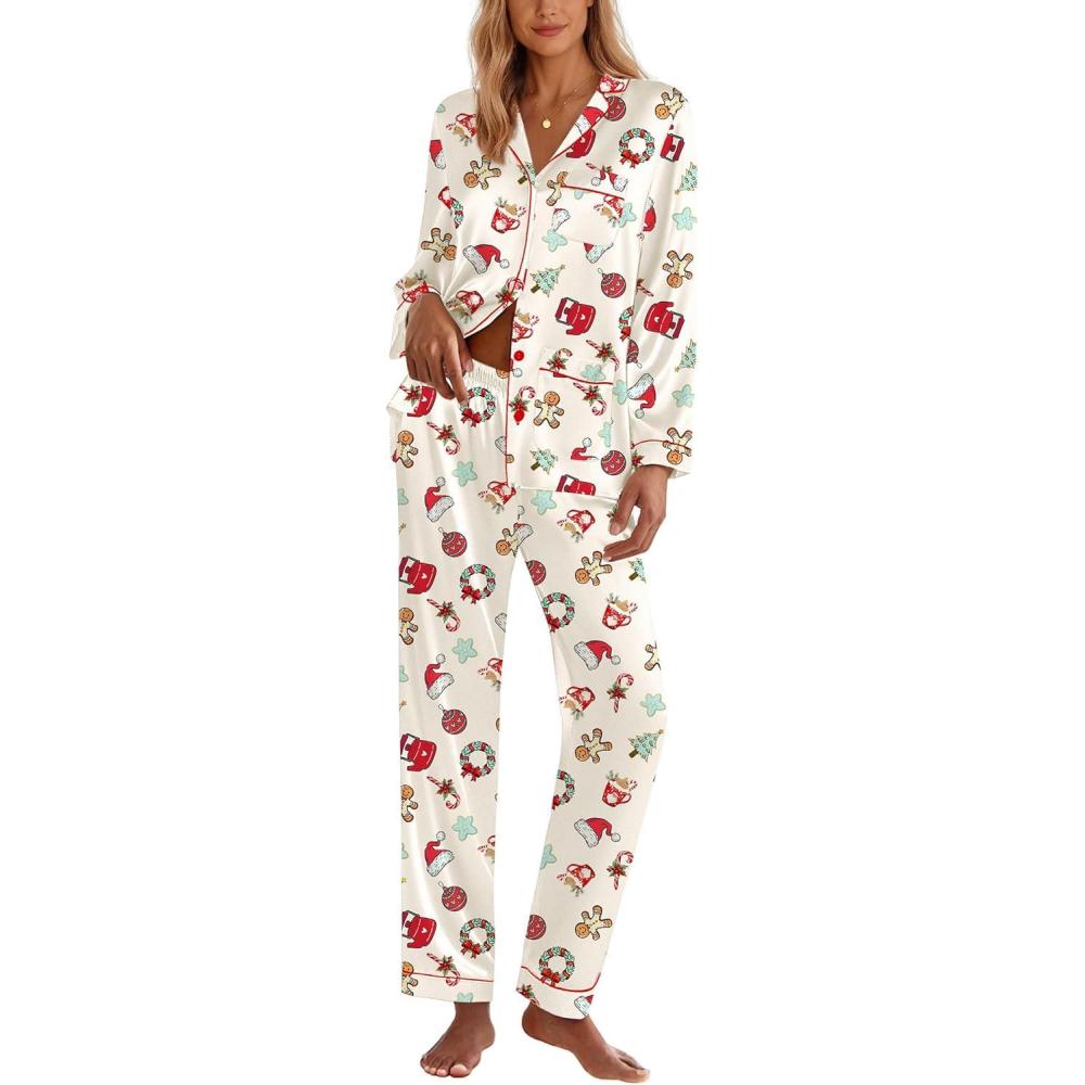 imageEkouaer Silk Pajamas for Women Classic Button Down Satin Pajama Sets Long Sleeve Lounge SetGingerbread