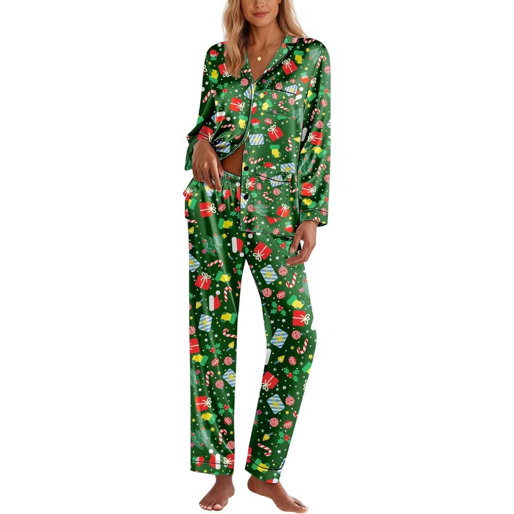 imageEkouaer Silk Pajamas for Women Classic Button Down Satin Pajama Sets Long Sleeve Lounge SetGreen Chirstmas Pattern