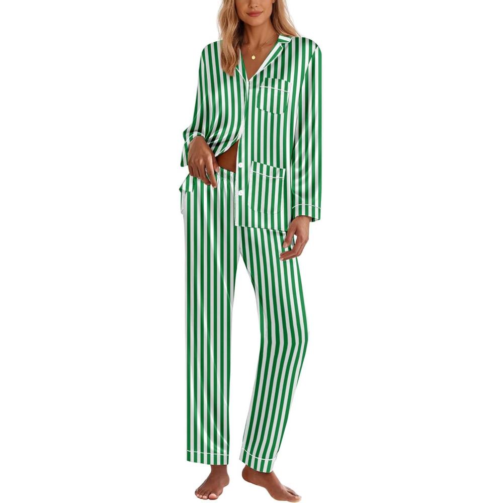 imageEkouaer Silk Pajamas for Women Classic Button Down Satin Pajama Sets Long Sleeve Lounge SetGreen White Stripe