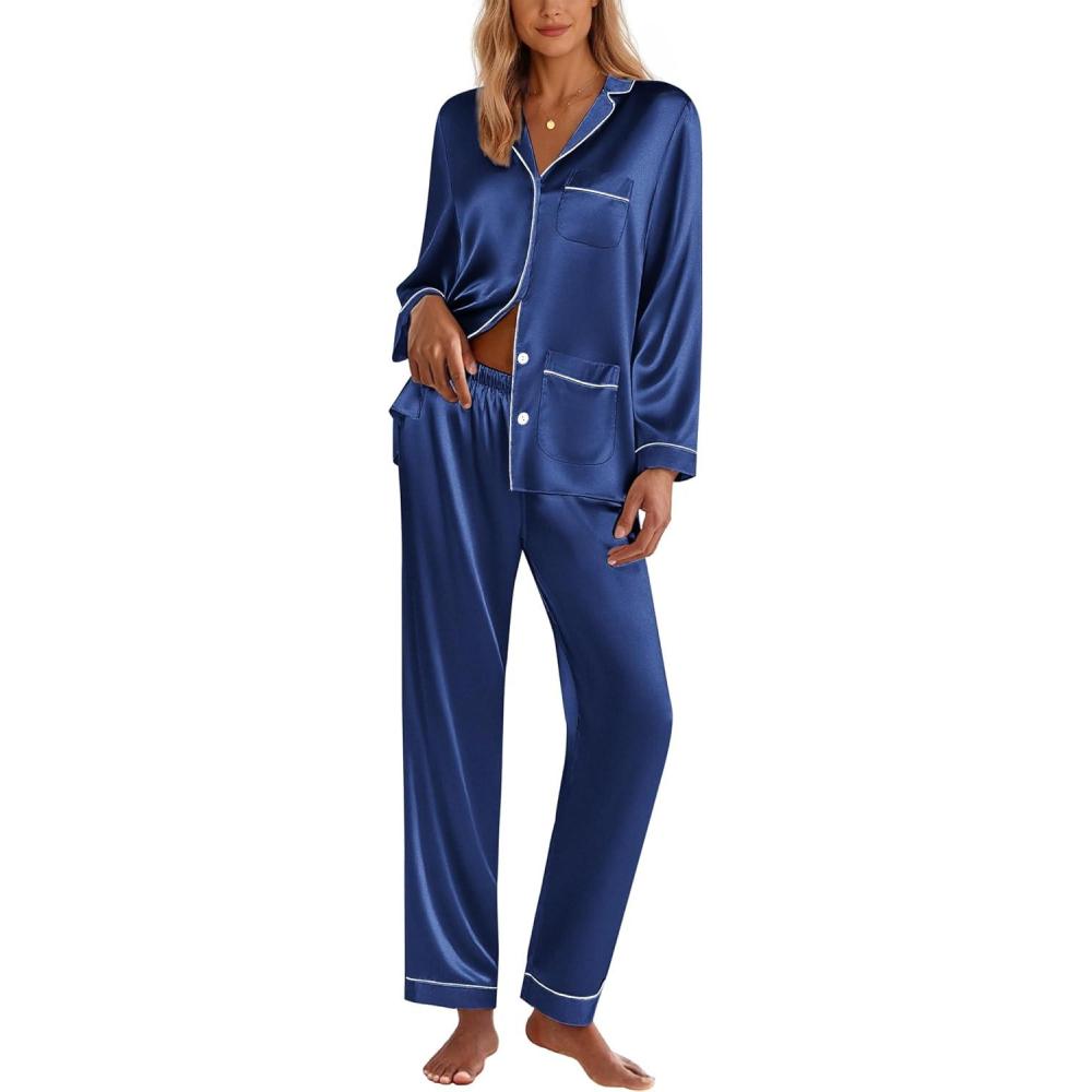 imageEkouaer Silk Pajamas for Women Classic Button Down Satin Pajama Sets Long Sleeve Lounge SetNavy