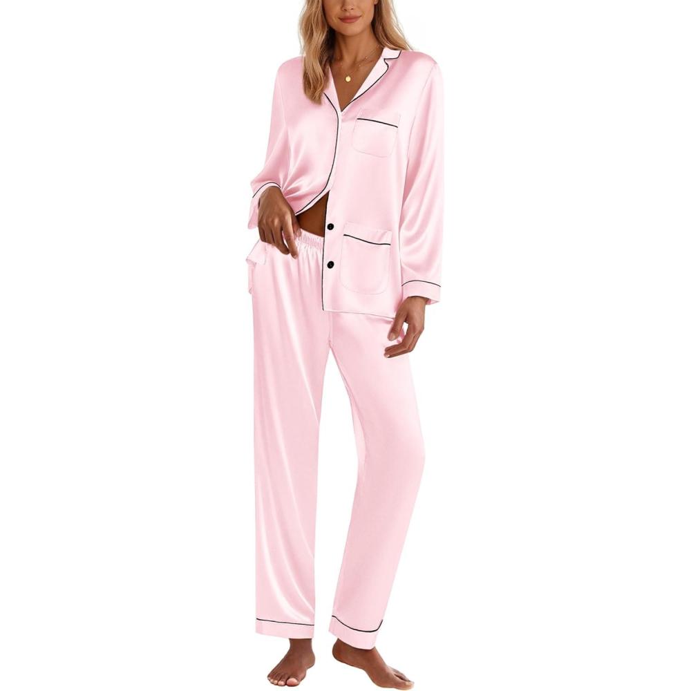 imageEkouaer Silk Pajamas for Women Classic Button Down Satin Pajama Sets Long Sleeve Lounge SetPink