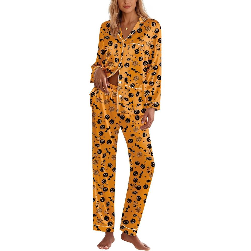 imageEkouaer Silk Pajamas for Women Classic Button Down Satin Pajama Sets Long Sleeve Lounge SetPumpkin Halloween Pattern