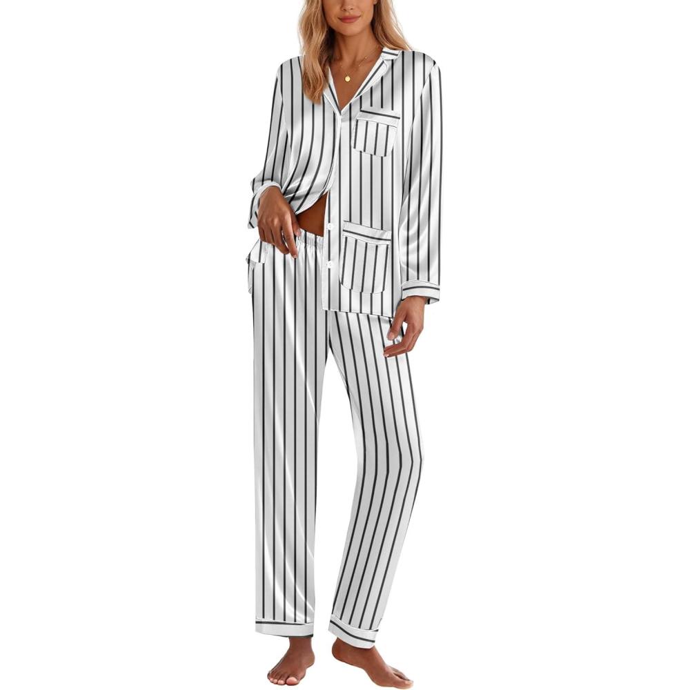imageEkouaer Silk Pajamas for Women Classic Button Down Satin Pajama Sets Long Sleeve Lounge SetWhite Black Stripe