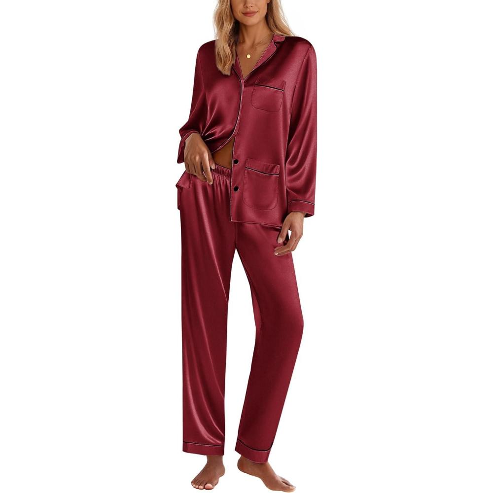imageEkouaer Silk Pajamas for Women Classic Button Down Satin Pajama Sets Long Sleeve Lounge SetWine Red