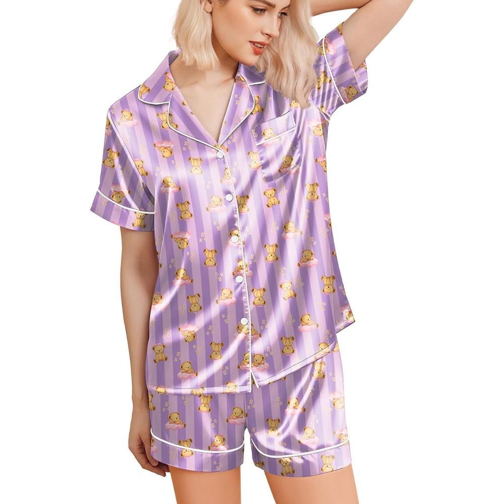 imageEkouaer Silk Pajamas for Women Funny Teddy Sleepwear Comfy Short Sleeve Button Down Loungewear Satin Pjs Shorts SetPink Purple Striped