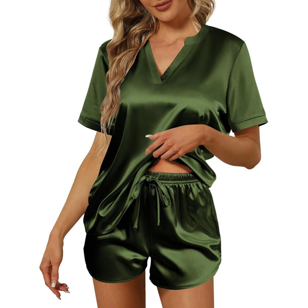 imageEkouaer Silk Pajamas for Women Short Sleeve Satin Sleepwear Twopiece Pjs Set Soft V Neck LoungewearSXXLArmy Green