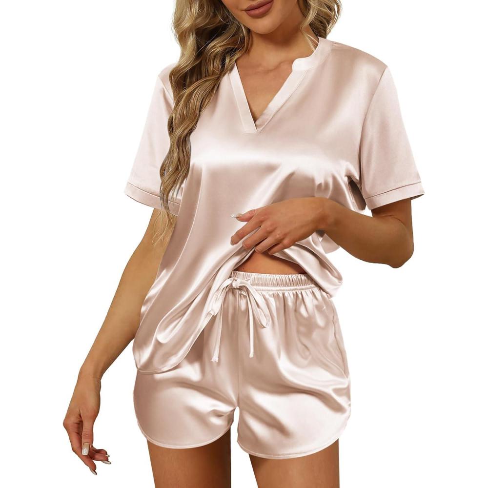 imageEkouaer Silk Pajamas for Women Short Sleeve Satin Sleepwear Twopiece Pjs Set Soft V Neck LoungewearSXXLChampagne