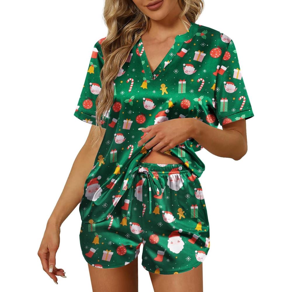 imageEkouaer Silk Pajamas for Women Short Sleeve Satin Sleepwear Twopiece Pjs Set Soft V Neck LoungewearSXXLChristmas Green