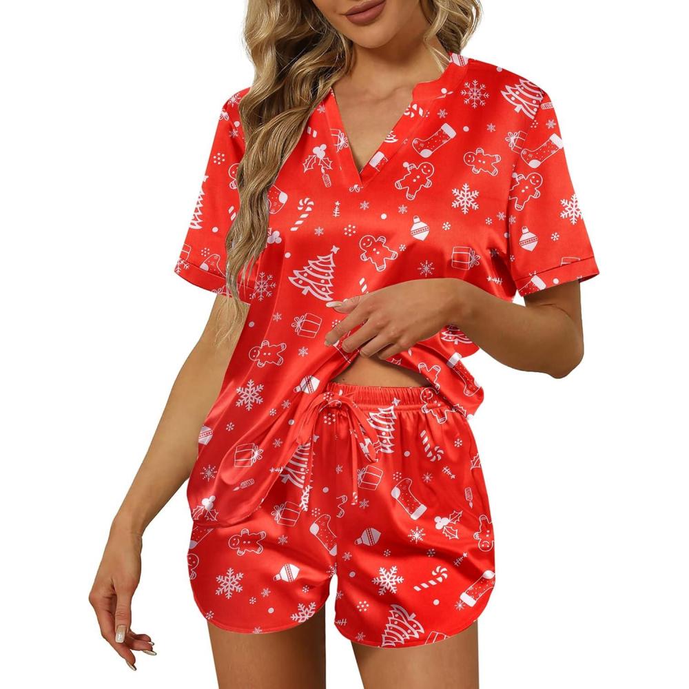 imageEkouaer Silk Pajamas for Women Short Sleeve Satin Sleepwear Twopiece Pjs Set Soft V Neck LoungewearSXXLChristmas Red