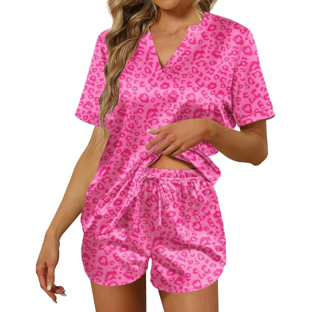 imageEkouaer Silk Pajamas for Women Short Sleeve Satin Sleepwear Twopiece Pjs Set Soft V Neck LoungewearSXXLHot Pink Leopard