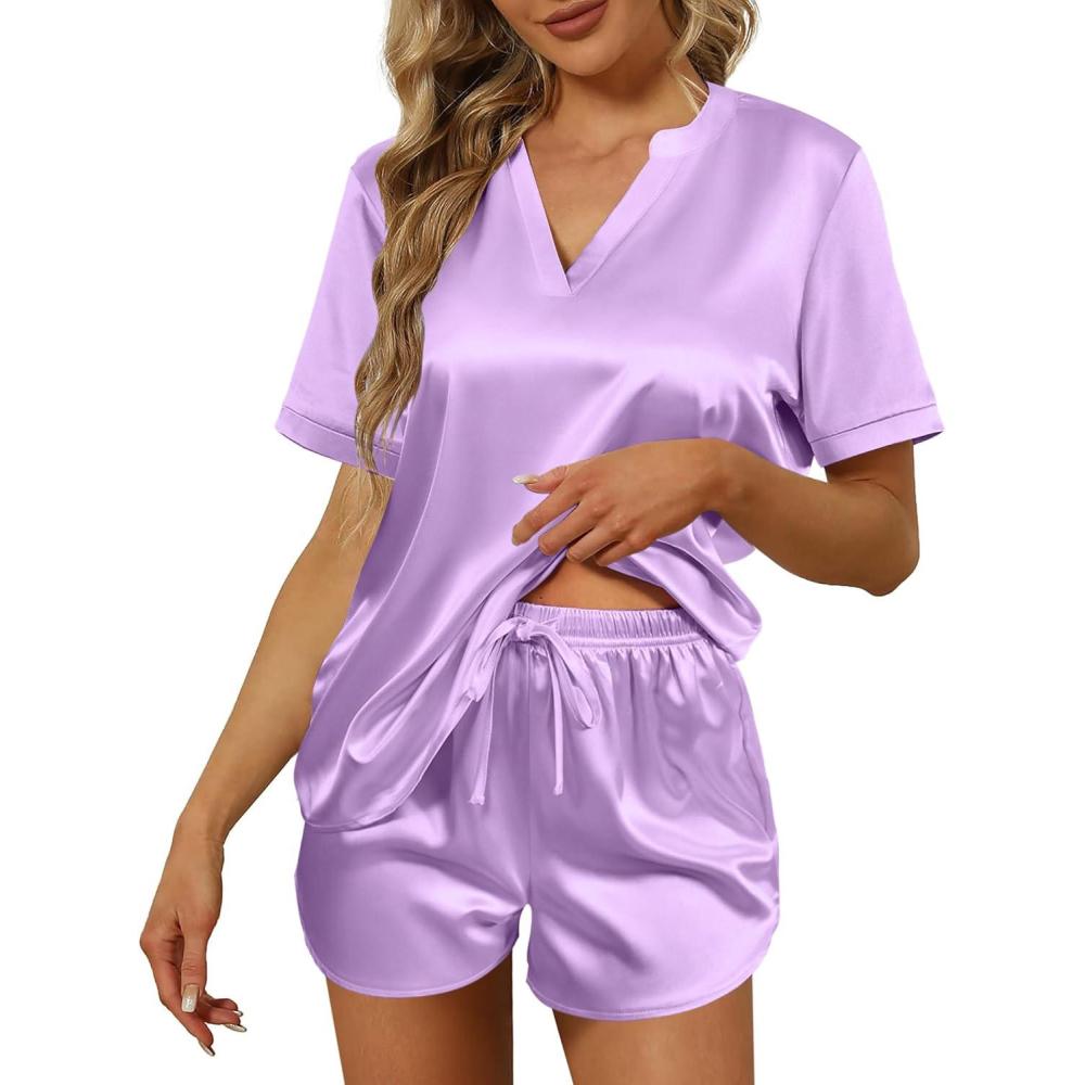 imageEkouaer Silk Pajamas for Women Short Sleeve Satin Sleepwear Twopiece Pjs Set Soft V Neck LoungewearSXXLLight Purple