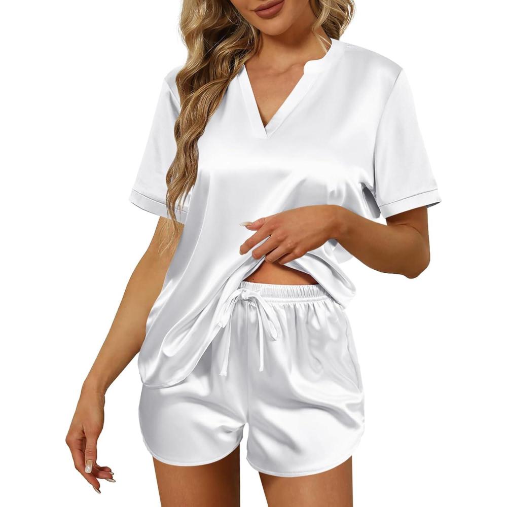 imageEkouaer Silk Pajamas for Women Short Sleeve Satin Sleepwear Twopiece Pjs Set Soft V Neck LoungewearSXXLWhite