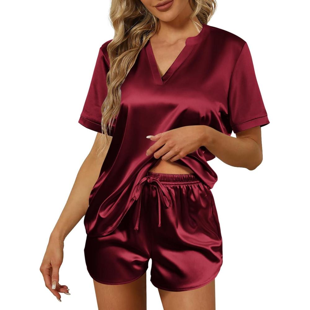 imageEkouaer Silk Pajamas for Women Short Sleeve Satin Sleepwear Twopiece Pjs Set Soft V Neck LoungewearSXXLWine Red