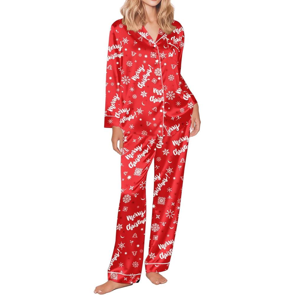 imageEkouaer Silk Satin Pajama Set for Womens Button Up Long Sleeve Pjs Sleepwear Soft 2 Piece Loungewear SXXLChristmas Red