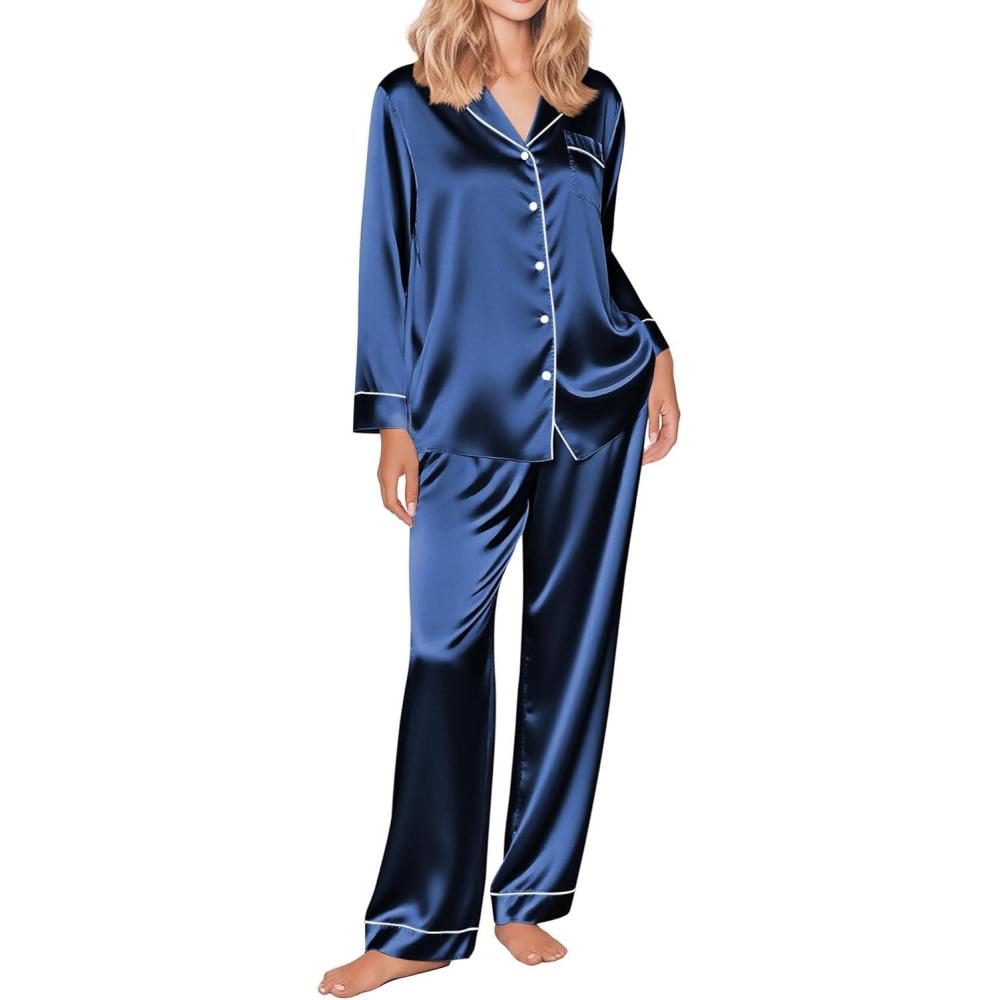 imageEkouaer Silk Satin Pajama Set for Womens Button Up Long Sleeve Pjs Sleepwear Soft 2 Piece Loungewear SXXLNavy Blue