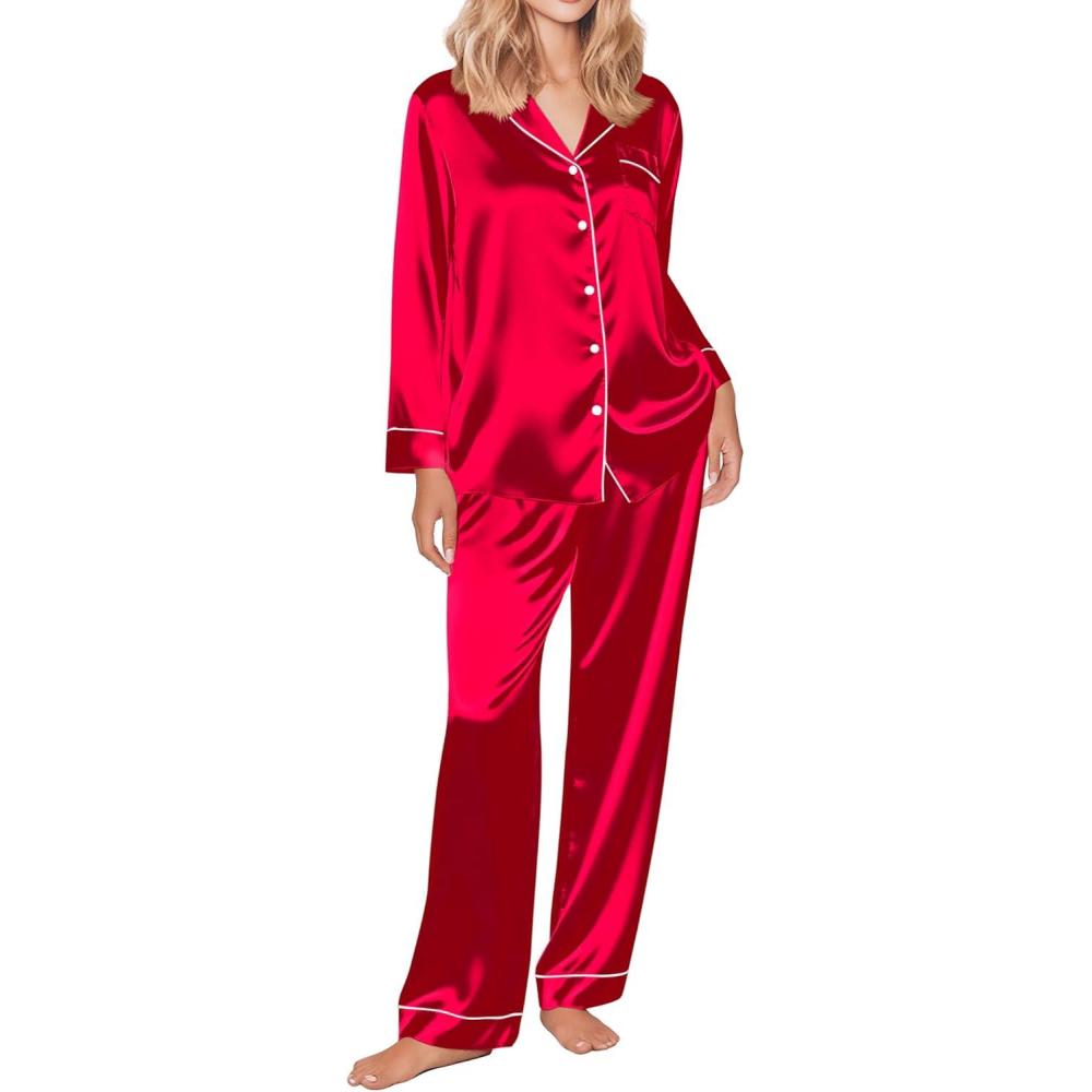 imageEkouaer Silk Satin Pajama Set for Womens Button Up Long Sleeve Pjs Sleepwear Soft 2 Piece Loungewear SXXLRed