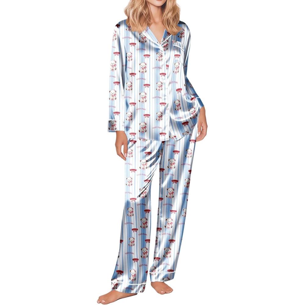 imageEkouaer Silk Satin Pajama Set for Womens Button Up Long Sleeve Pjs Sleepwear Soft 2 Piece Loungewear SXXLZ Bow Teddy