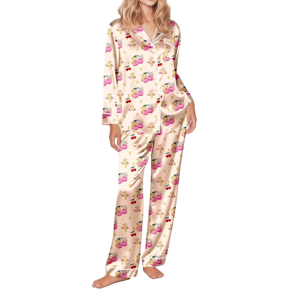 imageEkouaer Silk Satin Pajama Set for Womens Button Up Long Sleeve Pjs Sleepwear Soft 2 Piece Loungewear SXXLZ Cherry Teddy