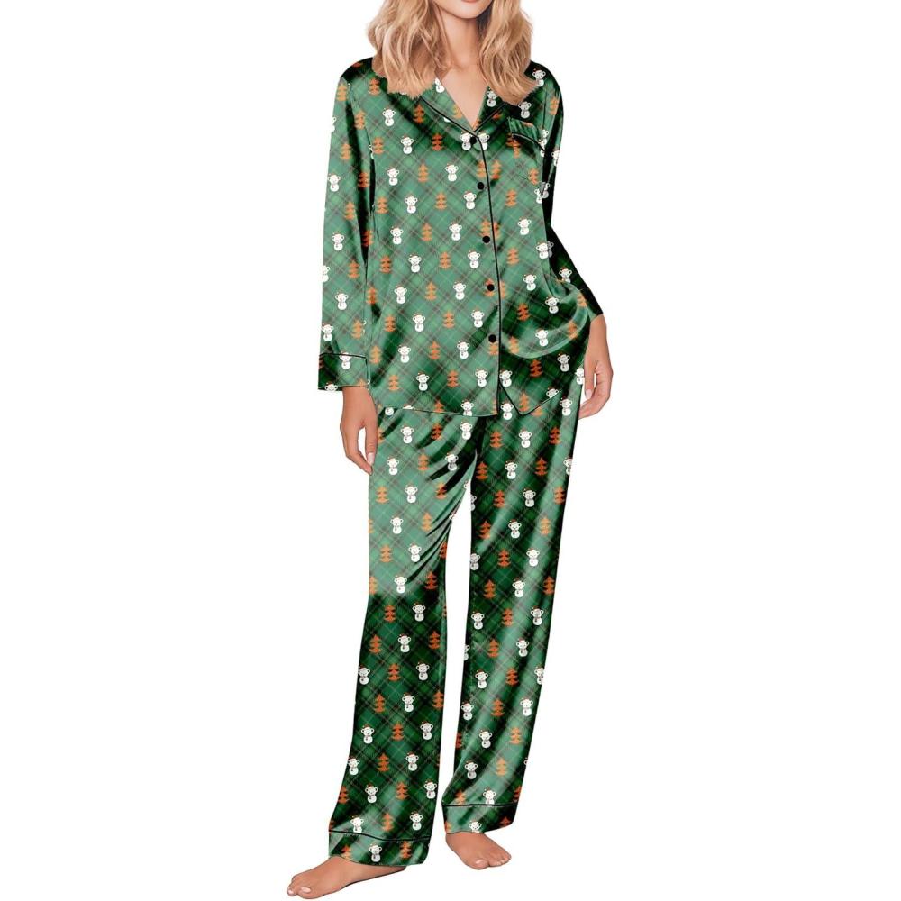 imageEkouaer Silk Satin Pajama Set for Womens Button Up Long Sleeve Pjs Sleepwear Soft 2 Piece Loungewear SXXLZ Green Christmas Teddy