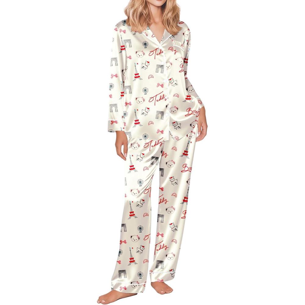 imageEkouaer Silk Satin Pajama Set for Womens Button Up Long Sleeve Pjs Sleepwear Soft 2 Piece Loungewear SXXLZ Paris Teddy