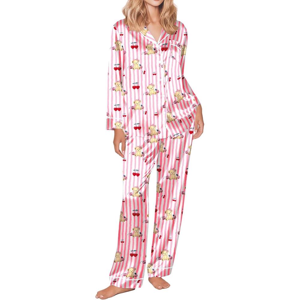 imageEkouaer Silk Satin Pajama Set for Womens Button Up Long Sleeve Pjs Sleepwear Soft 2 Piece Loungewear SXXLZ Pink Stripe Teddy