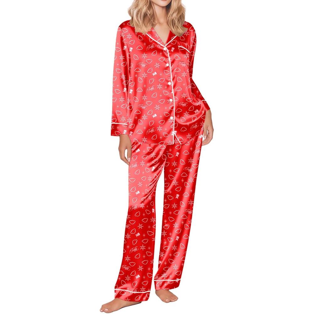 imageEkouaer Silk Satin Pajama Set for Womens Button Up Long Sleeve Pjs Sleepwear Soft 2 Piece Loungewear SXXLZ Red Christmas Teddy