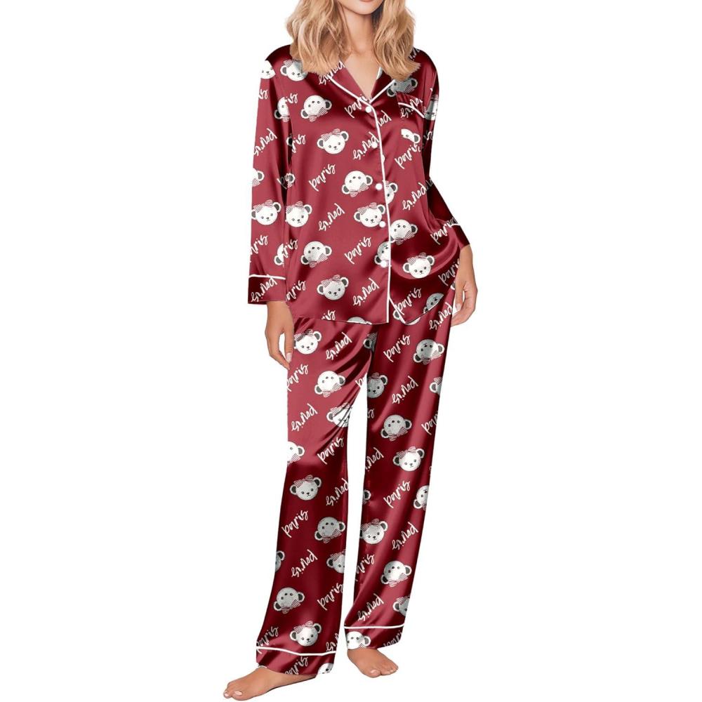 imageEkouaer Silk Satin Pajama Set for Womens Button Up Long Sleeve Pjs Sleepwear Soft 2 Piece Loungewear SXXLZ Red Teddy