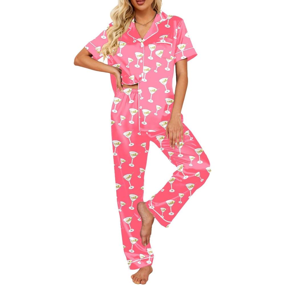 imageEkouaer Silk Satin Pajamas Set Women Short Sleeve Sleepwear Soft Button Down Loungewear Pjs SetHot Pink Cocktail