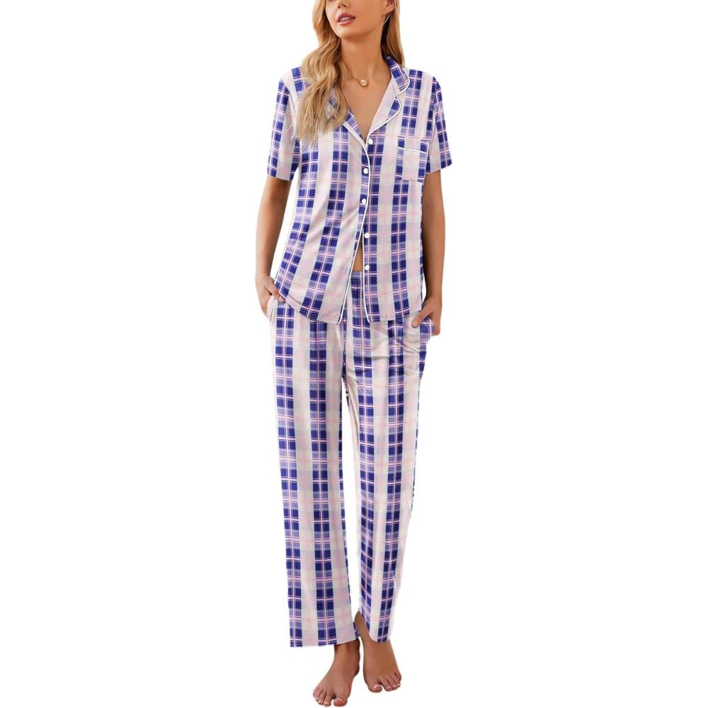 imageEkouaer Women Pajamas Set Button Down Sleepwear Short Sleeve Nightwear with Long Pants Soft Pjs Set SXXLBlue Plaid