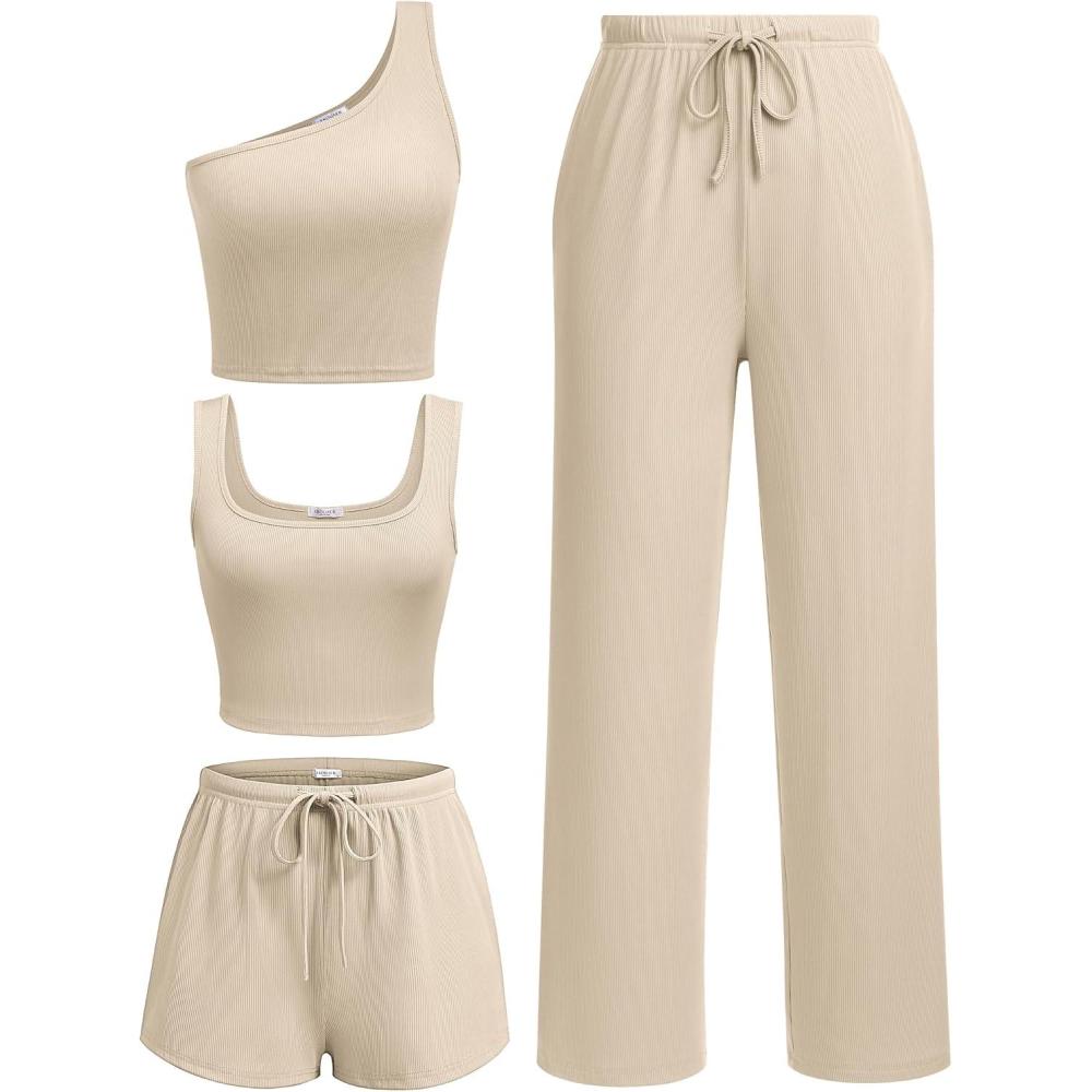 imageEkouaer Womens 4 Piece Lounge Sets Ribbed Knit Crop Tank Top and Shorts Pants Casual Outfits01 Light Coffee