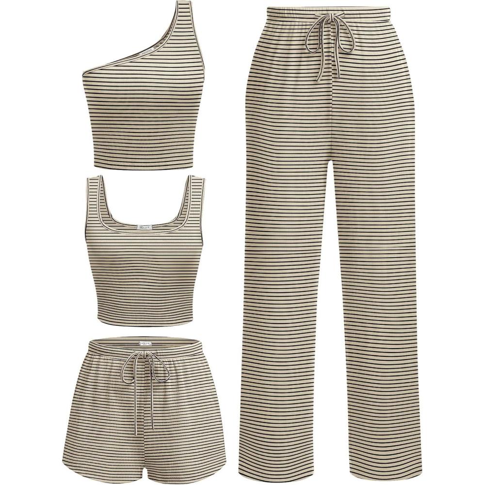 imageEkouaer Womens 4 Piece Lounge Sets Ribbed Knit Crop Tank Top and Shorts Pants Casual OutfitsBeige Black Stripe