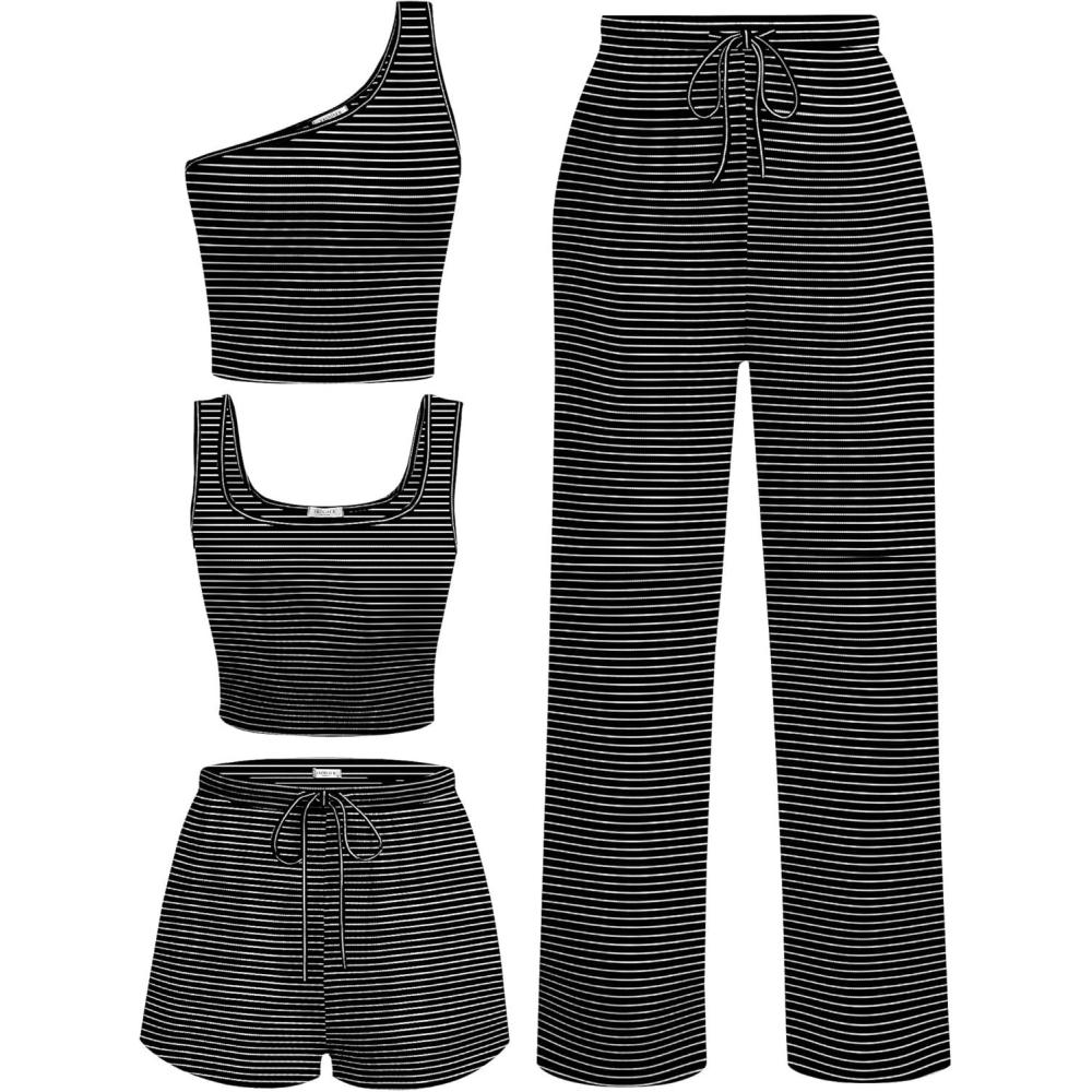 imageEkouaer Womens 4 Piece Lounge Sets Ribbed Knit Crop Tank Top and Shorts Pants Casual OutfitsBlack White Stripe
