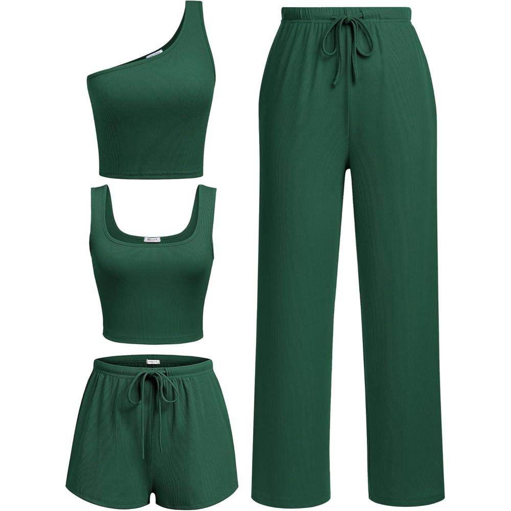 imageEkouaer Womens 4 Piece Lounge Sets Ribbed Knit Crop Tank Top and Shorts Pants Casual OutfitsBright Green
