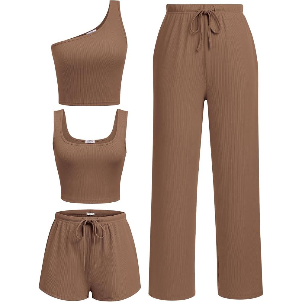 imageEkouaer Womens 4 Piece Lounge Sets Ribbed Knit Crop Tank Top and Shorts Pants Casual OutfitsBrown