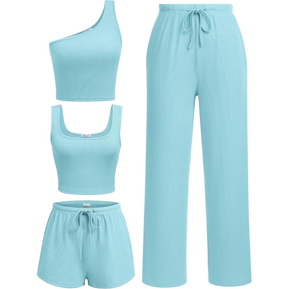 imageEkouaer Womens 4 Piece Lounge Sets Ribbed Knit Crop Tank Top and Shorts Pants Casual OutfitsLight Blue