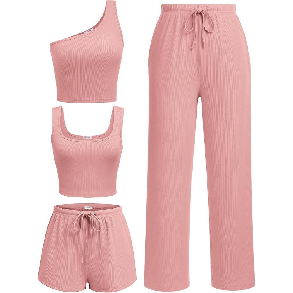 imageEkouaer Womens 4 Piece Lounge Sets Ribbed Knit Crop Tank Top and Shorts Pants Casual OutfitsLight Pink