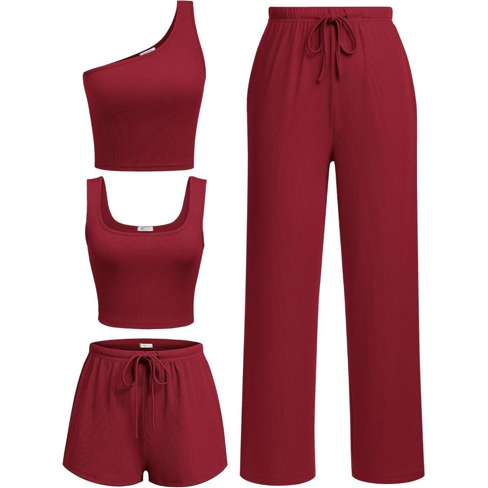 imageEkouaer Womens 4 Piece Lounge Sets Ribbed Knit Crop Tank Top and Shorts Pants Casual OutfitsWine Red