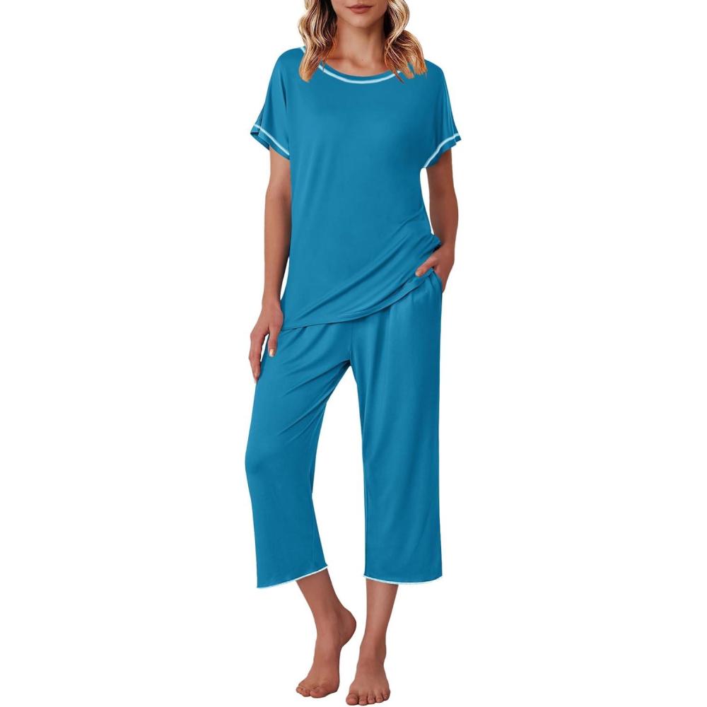 imageEkouaer Womens Capri Pajama Sets Print Short Sleeve Sleepwear Top and Capri Pants Soft Loungewear with PocketAblue Green