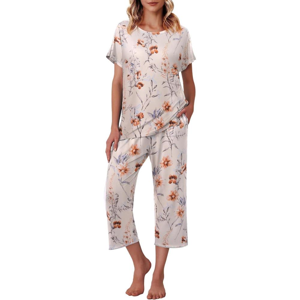 imageEkouaer Womens Capri Pajama Sets Print Short Sleeve Sleepwear Top and Capri Pants Soft Loungewear with PocketBeige Flowers