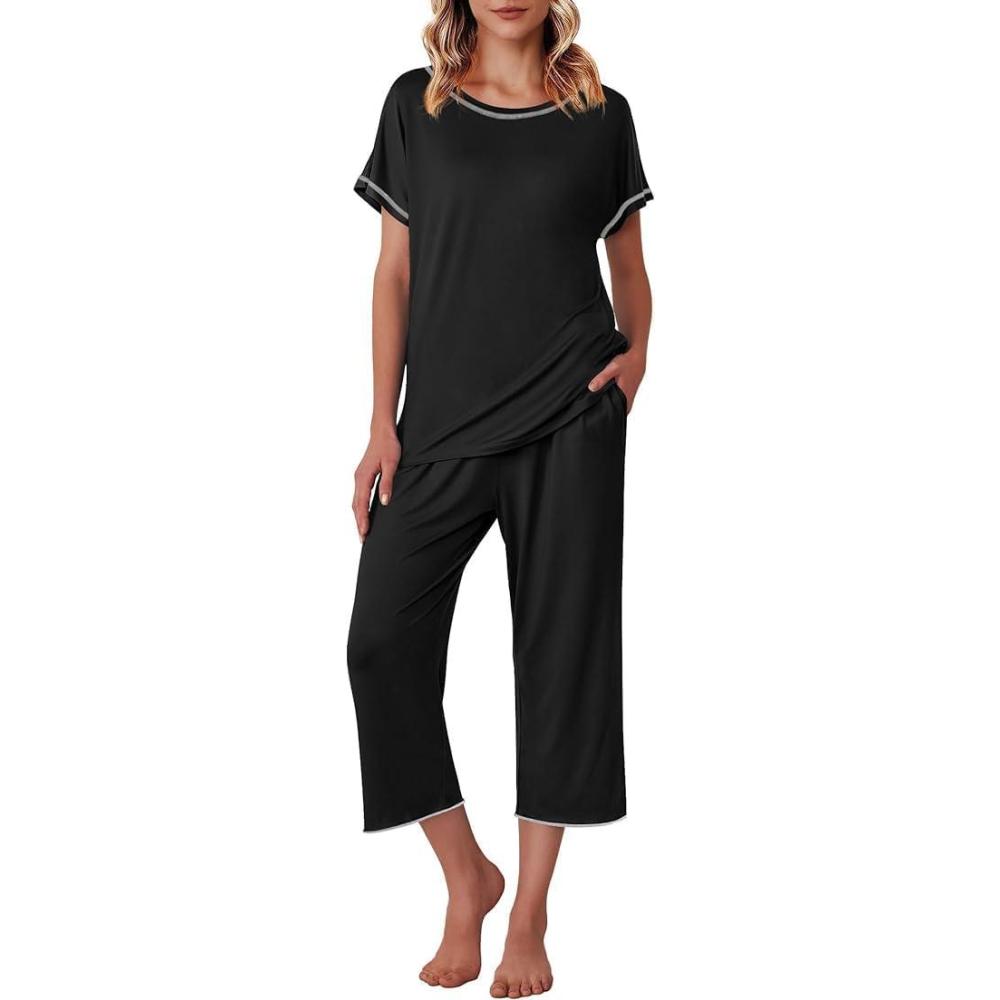imageEkouaer Womens Capri Pajama Sets Print Short Sleeve Sleepwear Top and Capri Pants Soft Loungewear with PocketBlack