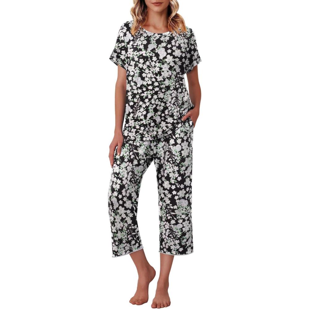 imageEkouaer Womens Capri Pajama Sets Print Short Sleeve Sleepwear Top and Capri Pants Soft Loungewear with PocketBlack Flowers