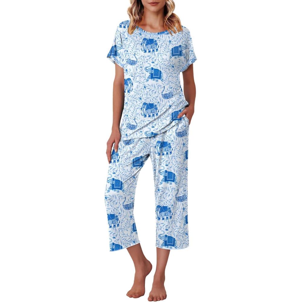 imageEkouaer Womens Capri Pajama Sets Print Short Sleeve Sleepwear Top and Capri Pants Soft Loungewear with PocketBlue Elephant