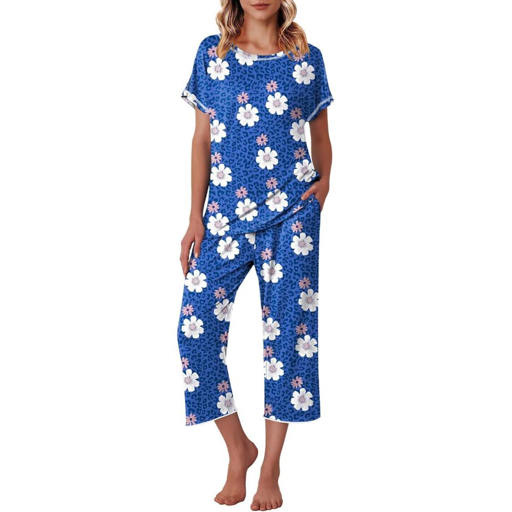 imageEkouaer Womens Capri Pajama Sets Print Short Sleeve Sleepwear Top and Capri Pants Soft Loungewear with PocketBlue Flower Leopard Print