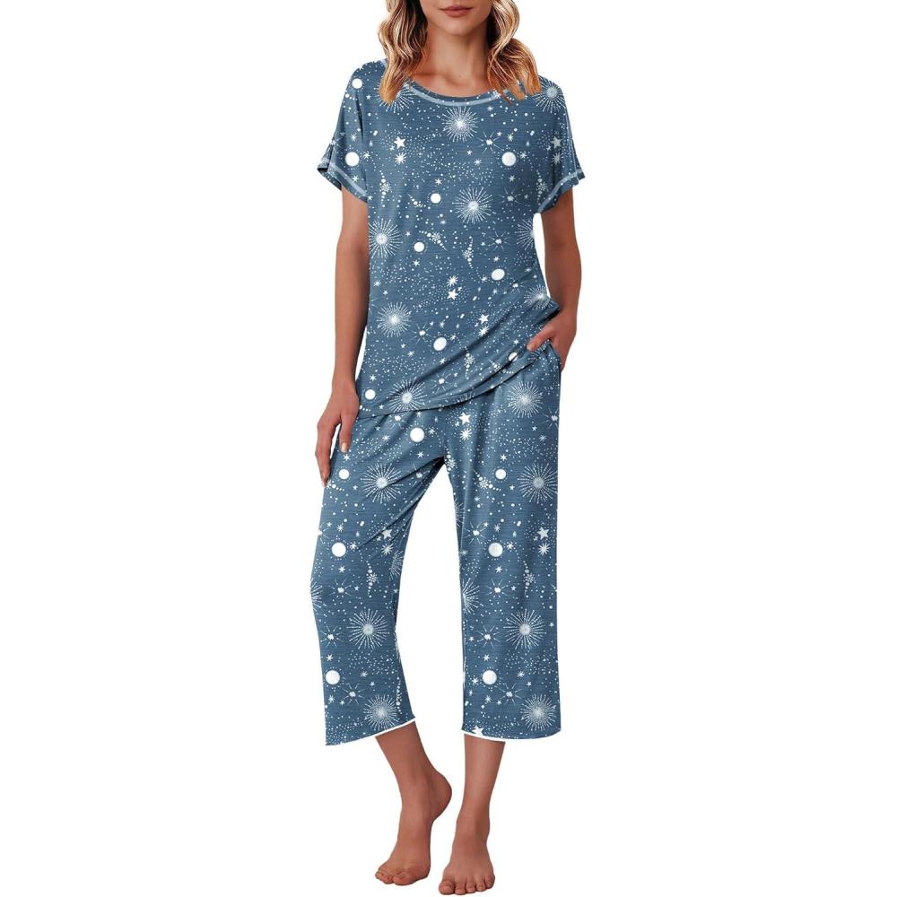 imageEkouaer Womens Capri Pajama Sets Print Short Sleeve Sleepwear Top and Capri Pants Soft Loungewear with PocketBlue Meteor