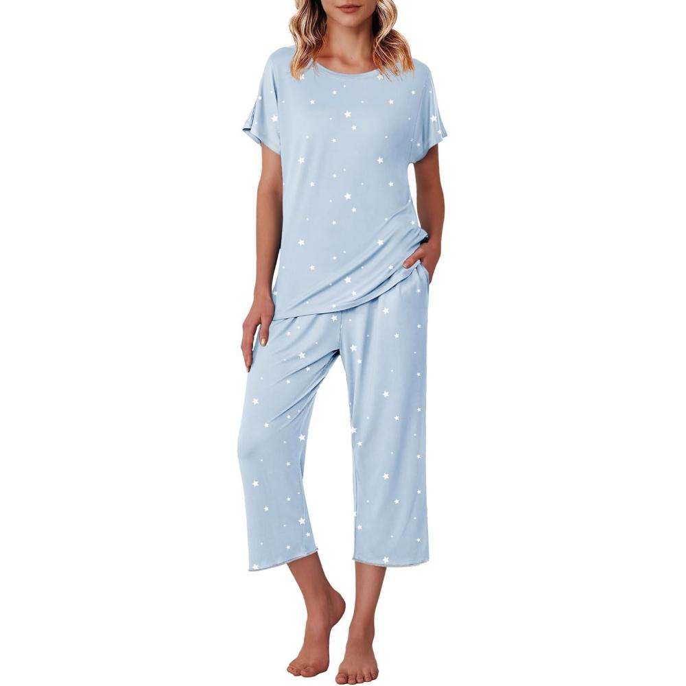 imageEkouaer Womens Capri Pajama Sets Print Short Sleeve Sleepwear Top and Capri Pants Soft Loungewear with PocketBlue White Stars