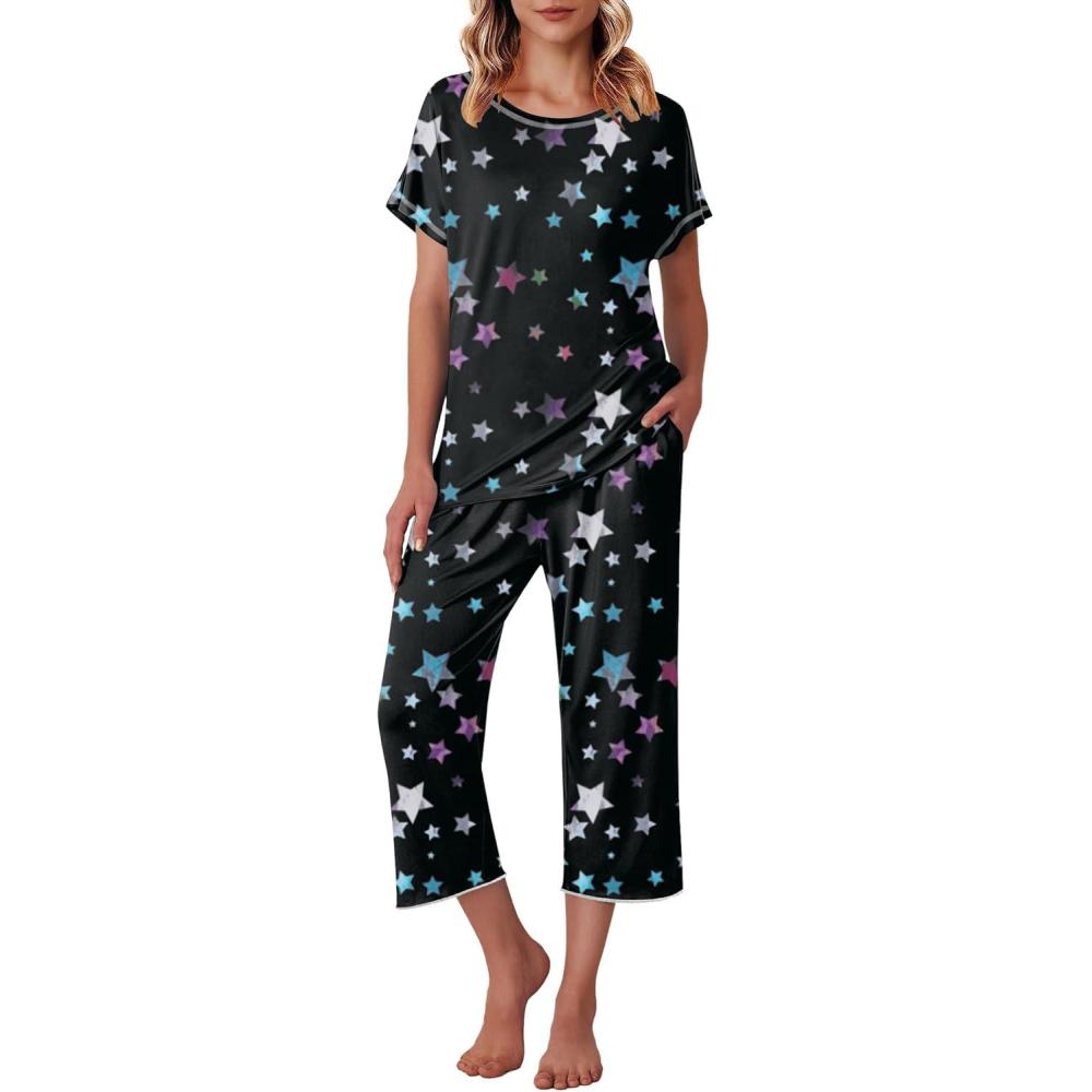 imageEkouaer Womens Capri Pajama Sets Print Short Sleeve Sleepwear Top and Capri Pants Soft Loungewear with PocketColorful Star